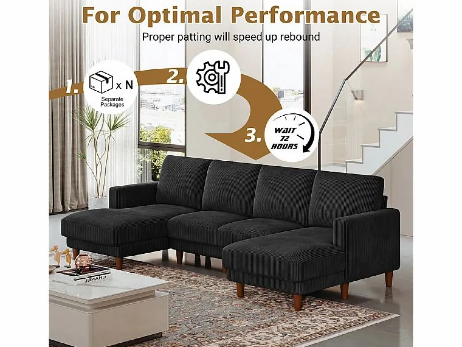 DripeX Sofás Club|Sofá - 4 Plazas * Gran sofá de esquina panorámico - 4 plazas - chaise longue 109cm - de pana - 269x140x86 - Negro