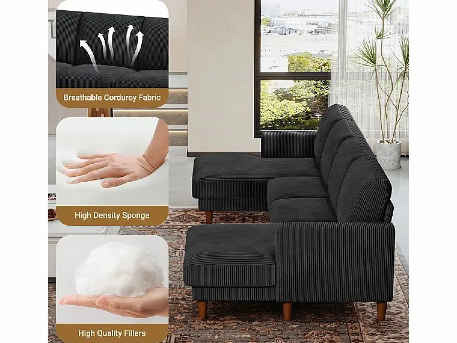 DripeX Sofás Club|Sofá - 4 Plazas * Gran sofá de esquina panorámico - 4 plazas - chaise longue 109cm - de pana - 269x140x86 - Negro