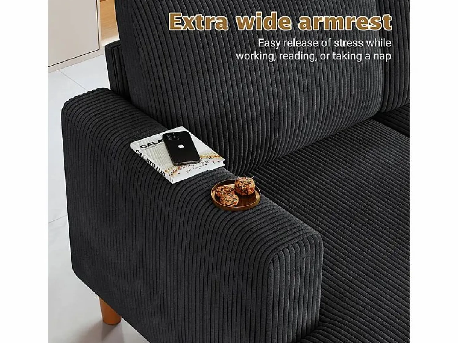 DripeX Sofás Club|Sofá - 4 Plazas * Gran sofá de esquina panorámico - 4 plazas - chaise longue 109cm - de pana - 269x140x86 - Negro