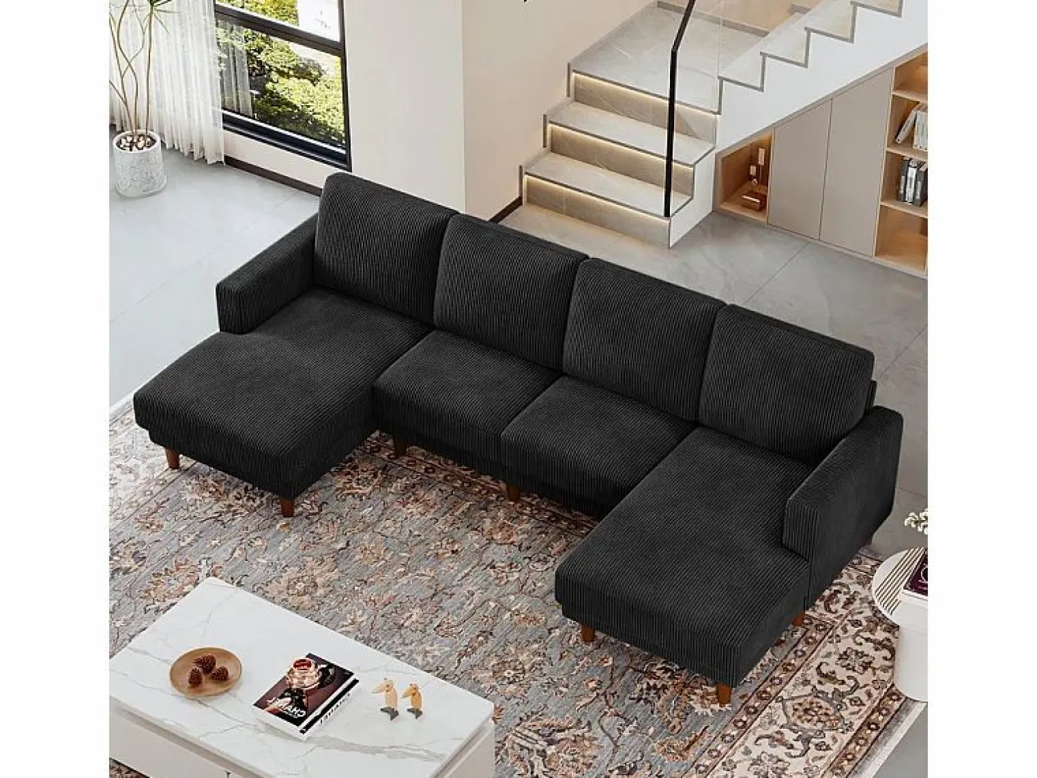 DripeX Sofás Club|Sofá - 4 Plazas * Gran sofá de esquina panorámico - 4 plazas - chaise longue 109cm - de pana - 269x140x86 - Negro