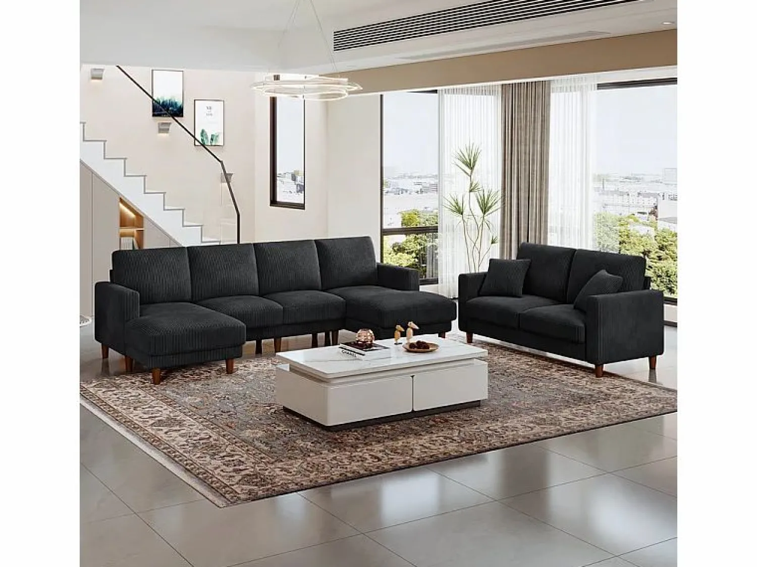 DripeX Sofás Club|Sofá - 4 Plazas * Gran sofá de esquina panorámico - 4 plazas - chaise longue 109cm - de pana - 269x140x86 - Negro