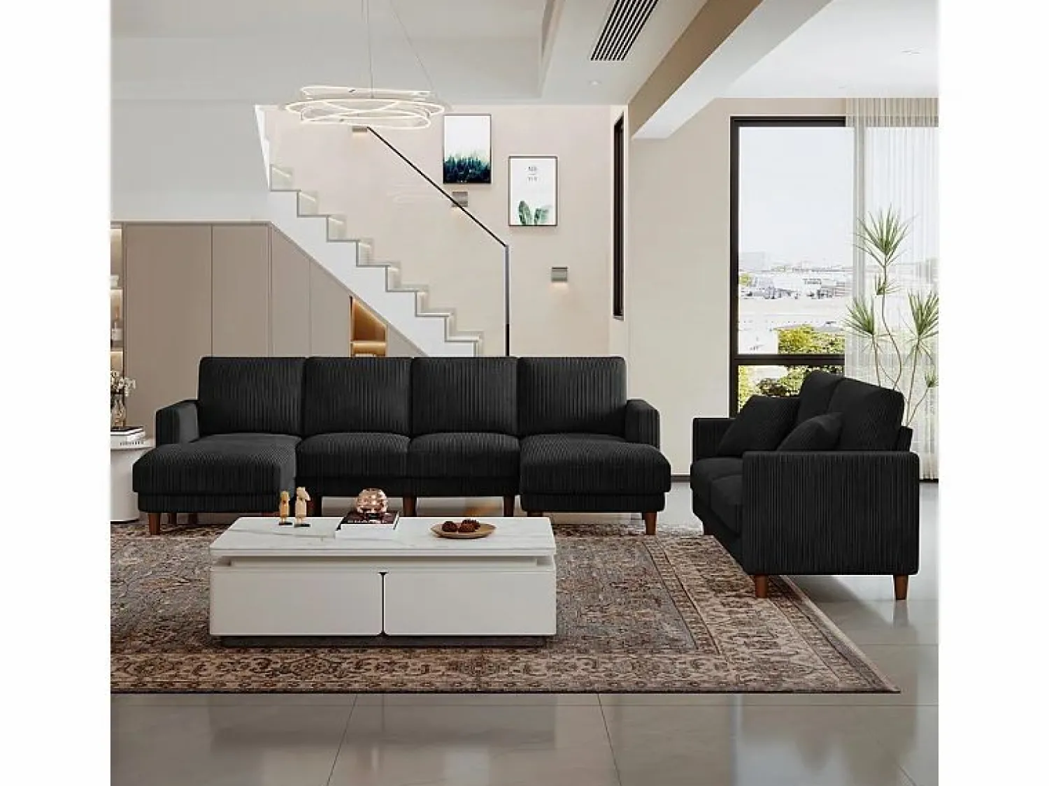 DripeX Sofás Club|Sofá - 4 Plazas * Gran sofá de esquina panorámico - 4 plazas - chaise longue 109cm - de pana - 269x140x86 - Negro