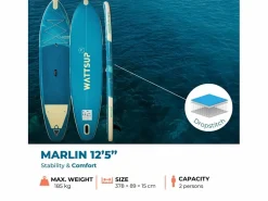 WATTSUP Deportes Náuticos * Hinchable Sup MARLIN 12'5 - 378x86x15cm Dropstitch - Pack Paddle Leash Pump Carry Bag Azul