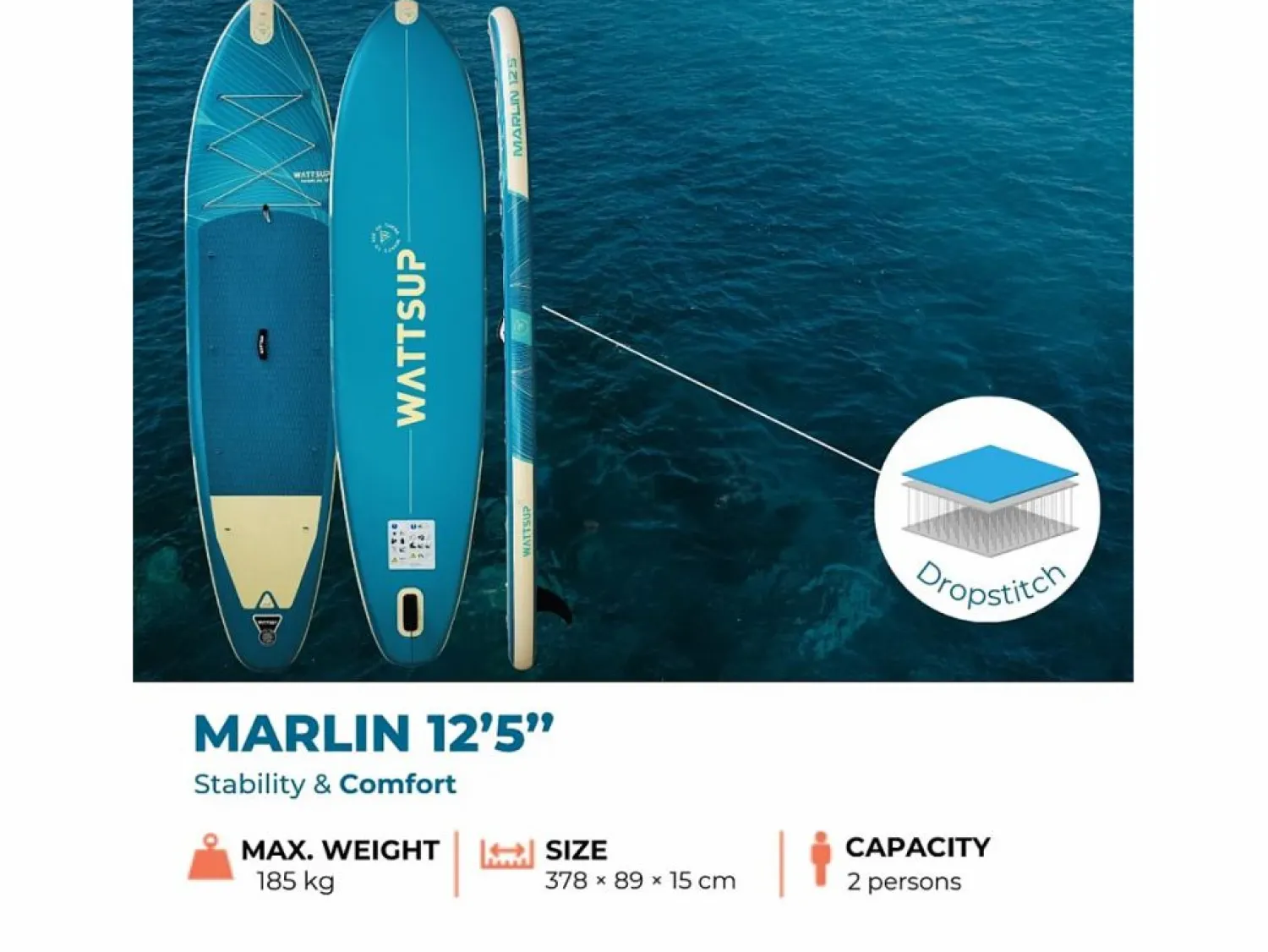 WATTSUP Deportes Náuticos * Hinchable Sup MARLIN 12'5 - 378x86x15cm Dropstitch - Pack Paddle Leash Pump Carry Bag Azul