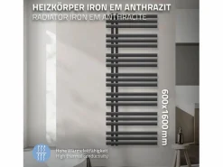 LuxeBath Toallero Eléctrico * Iron EM Design Radiador de calefacción para baño, secador de toallas, antracita, 600 x 1600 mm Gris
