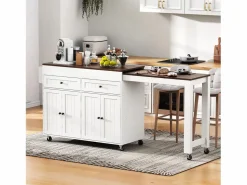 Isla central con ruedas - extensible con encimera + 2 cajones - MDF - blanco + marrón < Merax Clearance