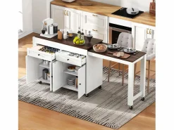 Isla central con ruedas - extensible con encimera + 2 cajones - MDF - blanco + marrón < Merax Clearance
