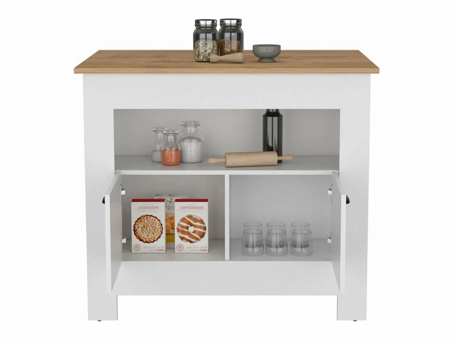 Isla de cocina Arlet en melamina con 2 puertas y 3 estantes , Blanco / Macadamia , 89.9 cm X 103 cm X 70 cm < TuHome Discount