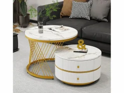 Juego de 2 mesas de centro nido redondas con 2 cajones - 60x60x46cm + 50x50x30,8cm - Motivo mármol - Madera MDF y metal - Blanco + dorado < Merax Sale