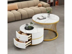 Juego de 2 mesas de centro nido redondas con 2 cajones - 60x60x46cm + 50x50x30,8cm - Motivo mármol - Madera MDF y metal - Blanco + dorado < Merax Sale