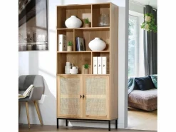 Calicosy Librería * Librería de 6 Compartimentos y 2 Puertas en Ratán Natural H175cm - JAYA Beige