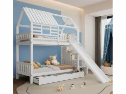 Cama Litera | Litera con escalera y tobogán, casita con ventana, estructura de pino y MDF, color (254x213,5x223 cm)