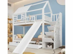 Cama Litera | Litera con escalera y tobogán, casita con ventana, estructura de pino y MDF, color (254x213,5x223 cm)