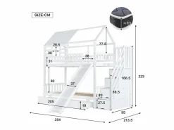 Cama Litera | Litera con escalera y tobogán, casita con ventana, estructura de pino y MDF, color (254x213,5x223 cm)