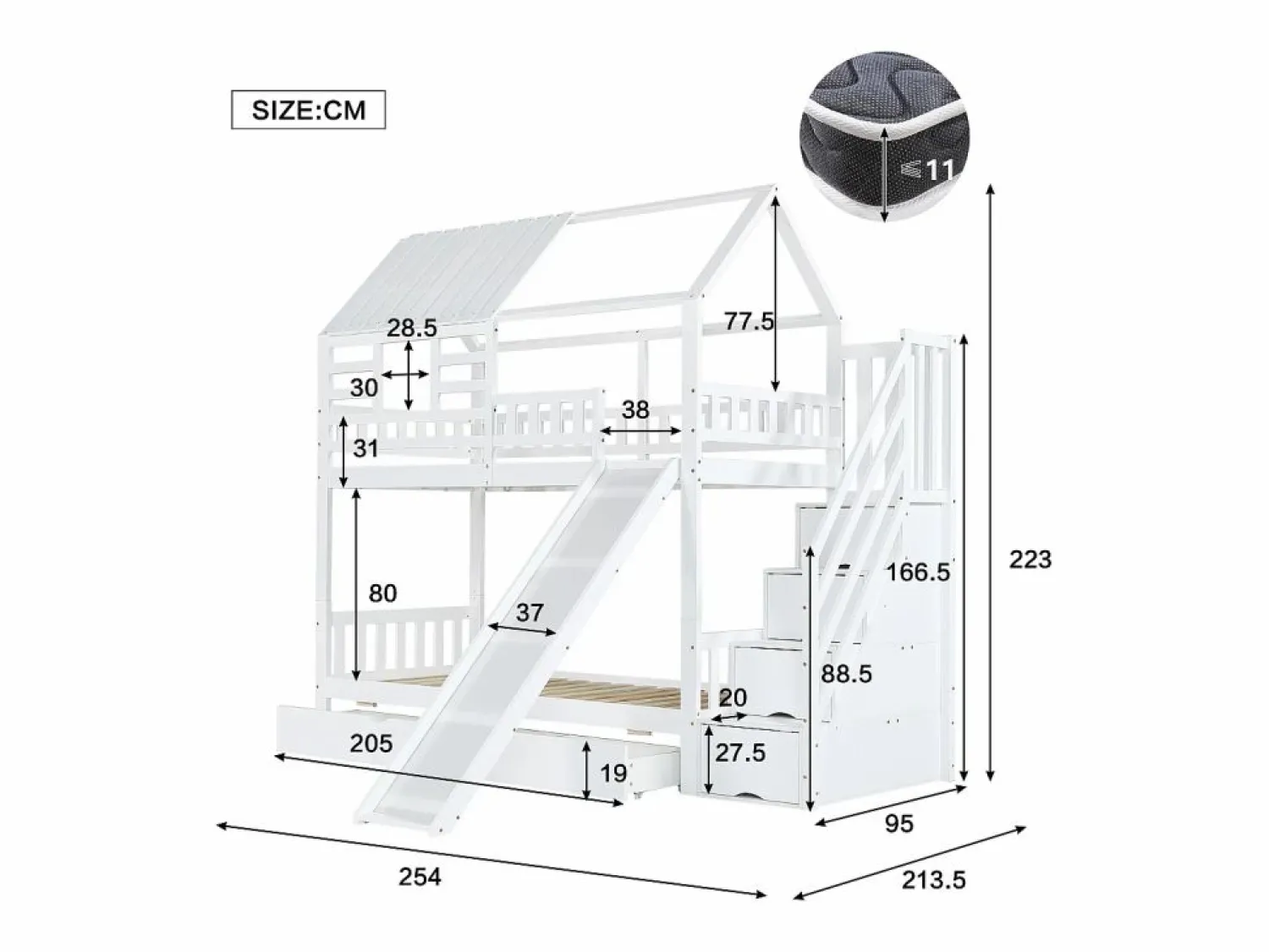 Cama Litera | Litera con escalera y tobogán, casita con ventana, estructura de pino y MDF, color (254x213,5x223 cm)