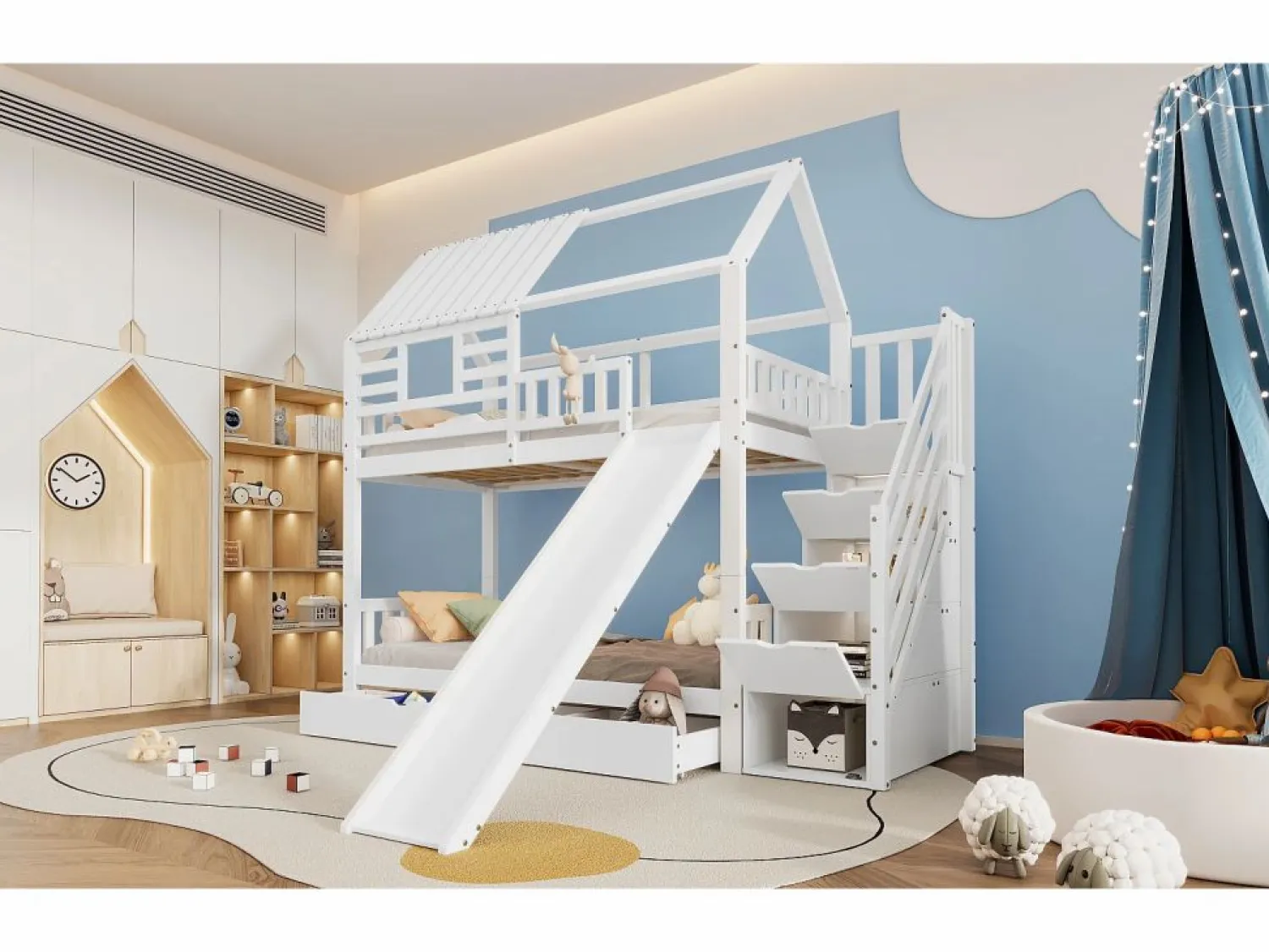 Cama Litera | Litera con escalera y tobogán, casita con ventana, estructura de pino y MDF, color (254x213,5x223 cm)