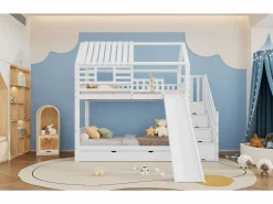 Cama Litera | Litera con escalera y tobogán, casita con ventana, estructura de pino y MDF, color (254x213,5x223 cm)