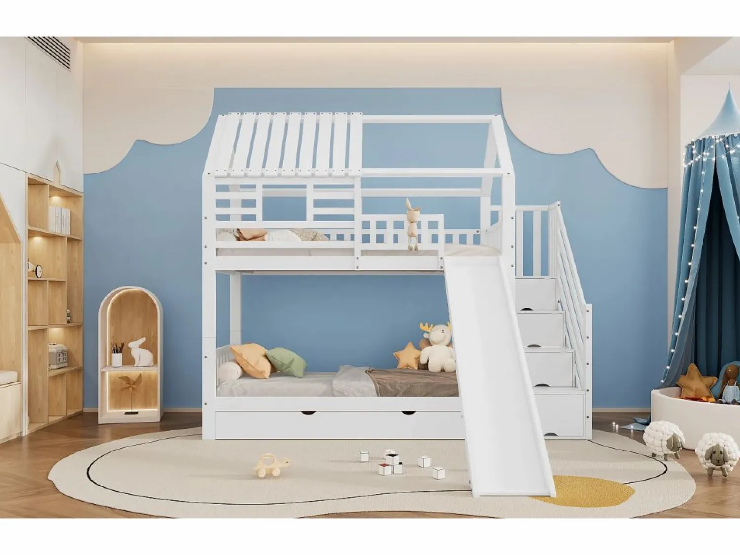 Cama Litera | Litera con escalera y tobogán, casita con ventana, estructura de pino y MDF, color (254x213,5x223 cm)