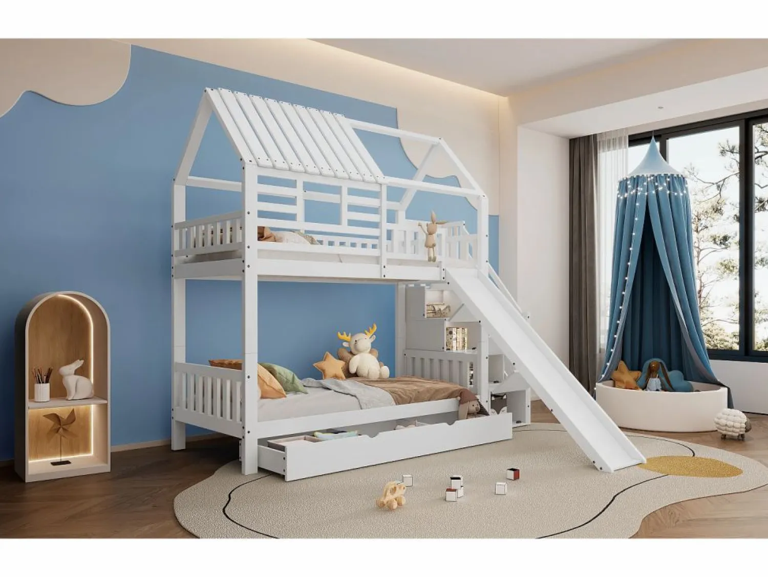 Cama Litera | Litera con escalera y tobogán, casita con ventana, estructura de pino y MDF, color (254x213,5x223 cm)
