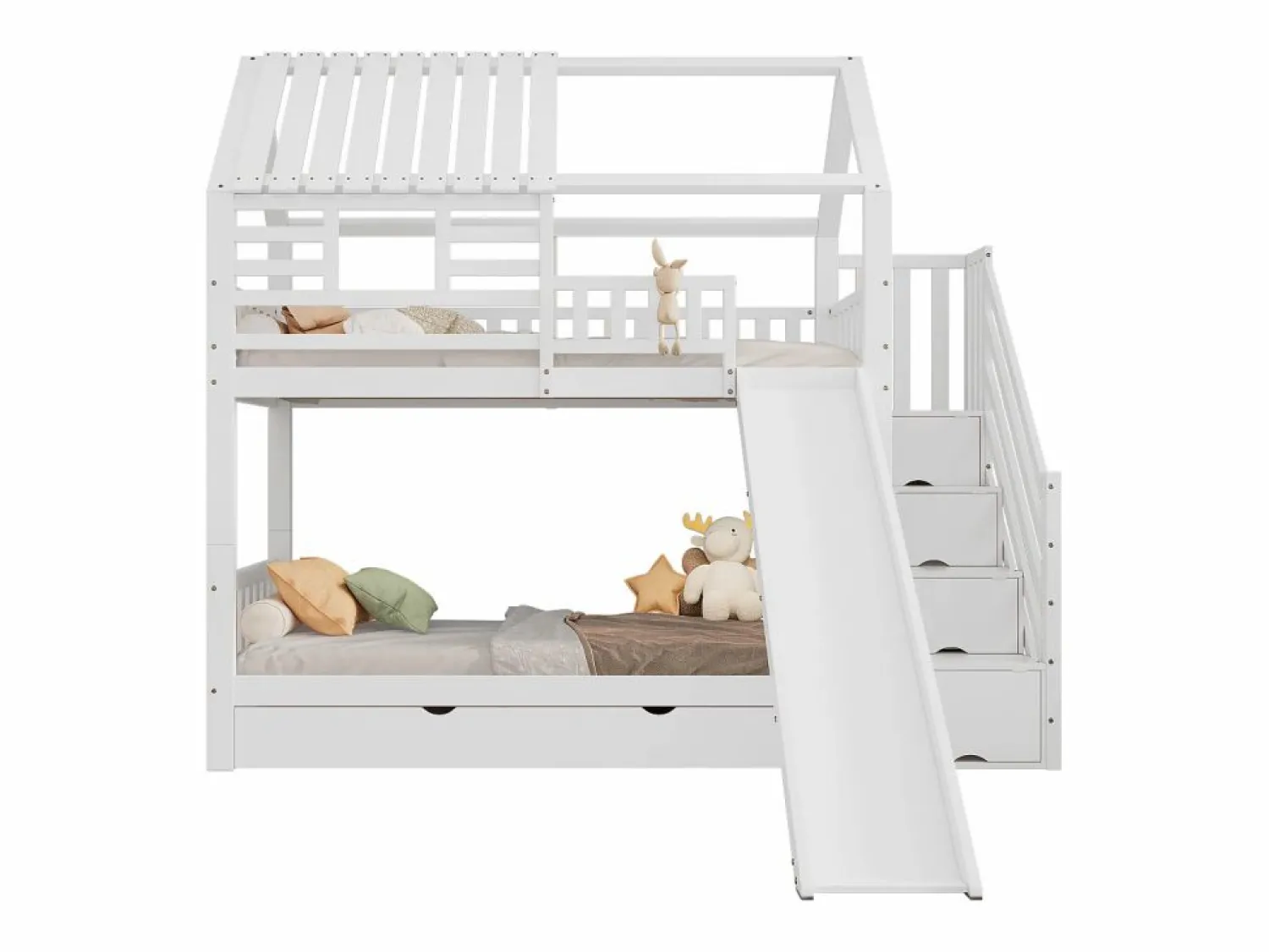 Cama Litera | Litera con escalera y tobogán, casita con ventana, estructura de pino y MDF, color (254x213,5x223 cm)