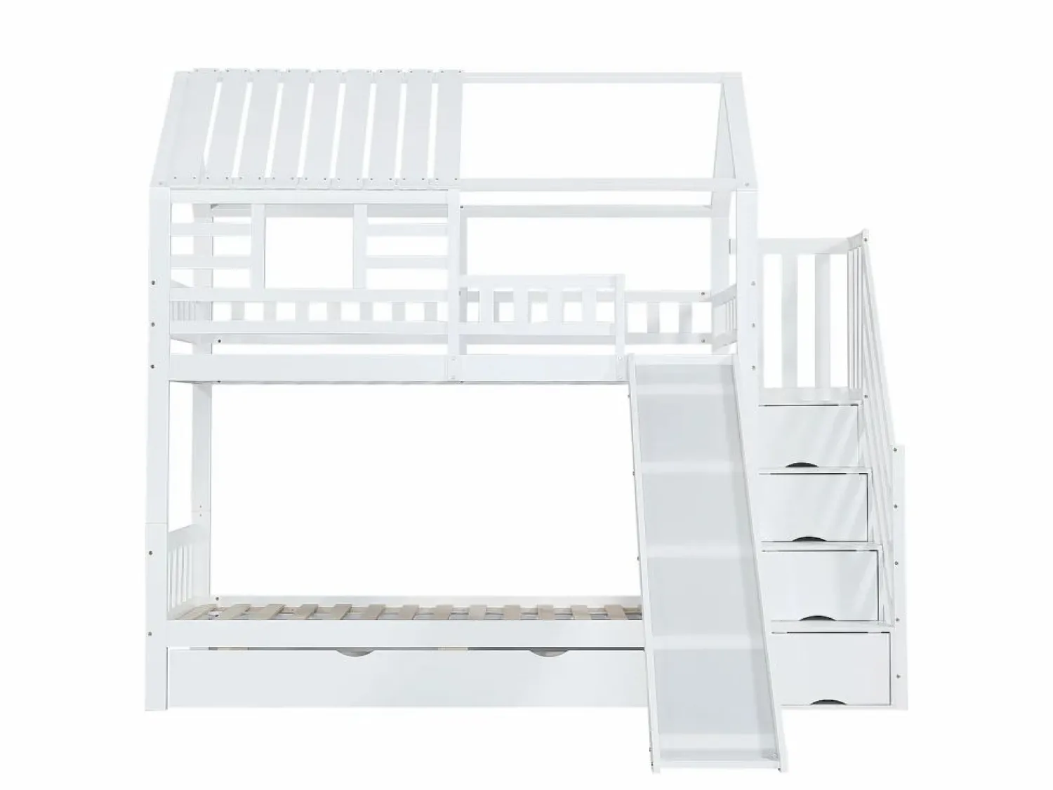 Cama Litera | Litera con escalera y tobogán, casita con ventana, estructura de pino y MDF, color (254x213,5x223 cm)