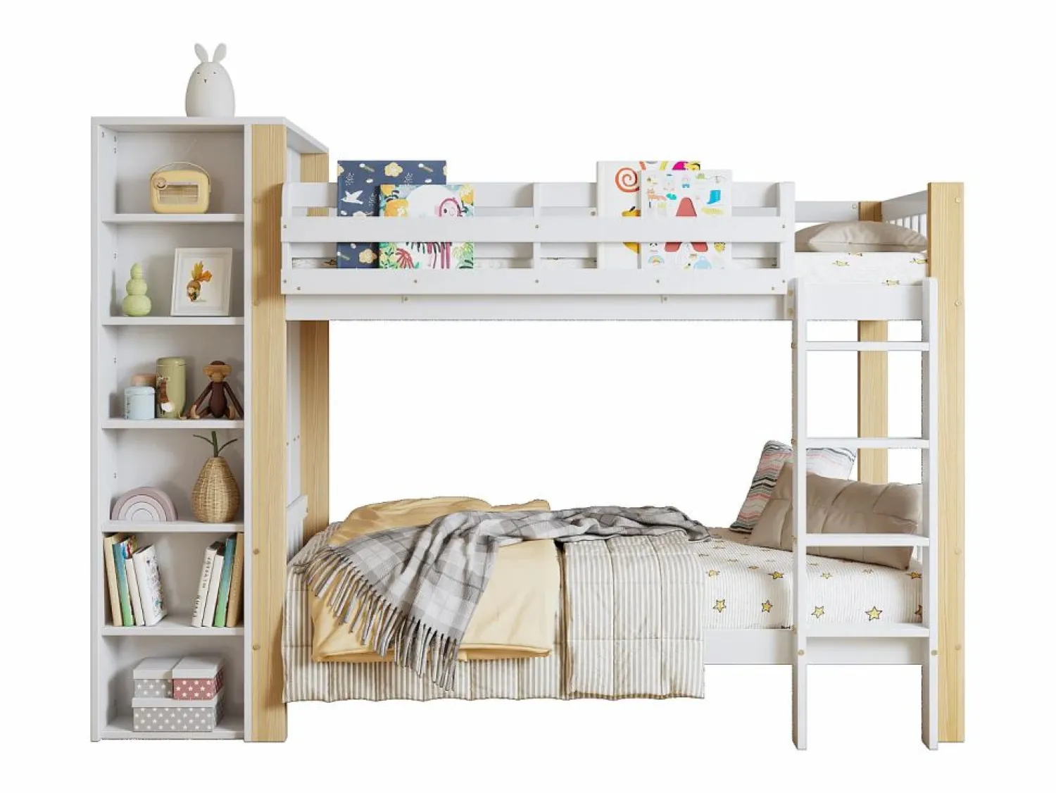Cama Litera * Litera infantil, protección, barandilla, escalera 4 peldaños, 6 estantes, armario lateral, almacenaje, pino+PB, +natural, 90x200cm Blanco