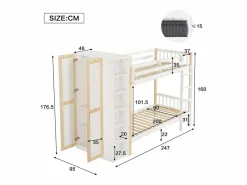 Cama Litera * Litera infantil, protección, barandilla, escalera 4 peldaños, 6 estantes, armario lateral, almacenaje, pino+PB, +natural, 90x200cm Blanco
