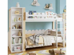 Cama Litera * Litera infantil, protección, barandilla, escalera 4 peldaños, 6 estantes, armario lateral, almacenaje, pino+PB, +natural, 90x200cm Blanco