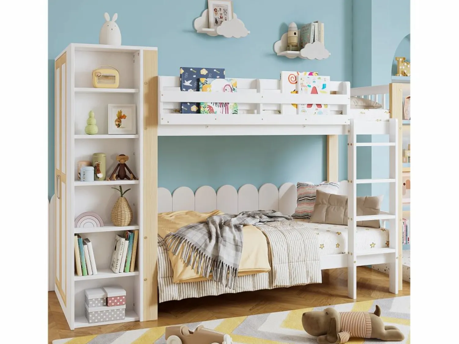 Cama Litera * Litera infantil, protección, barandilla, escalera 4 peldaños, 6 estantes, armario lateral, almacenaje, pino+PB, +natural, 90x200cm Blanco