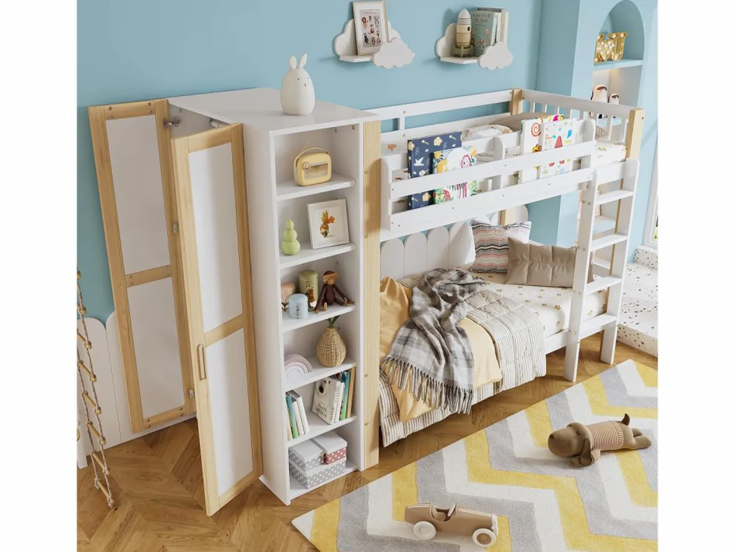 Cama Litera * Litera infantil, protección, barandilla, escalera 4 peldaños, 6 estantes, armario lateral, almacenaje, pino+PB, +natural, 90x200cm Blanco