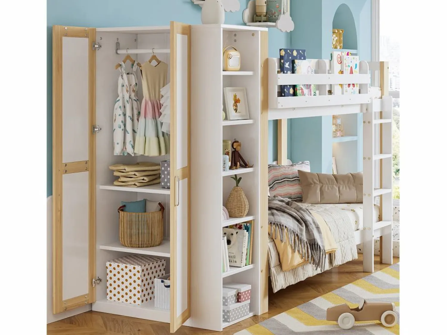 Cama Litera * Litera infantil, protección, barandilla, escalera 4 peldaños, 6 estantes, armario lateral, almacenaje, pino+PB, +natural, 90x200cm Blanco