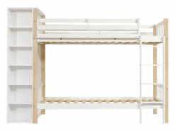 Cama Litera * Litera infantil, protección, barandilla, escalera 4 peldaños, 6 estantes, armario lateral, almacenaje, pino+PB, +natural, 90x200cm Blanco