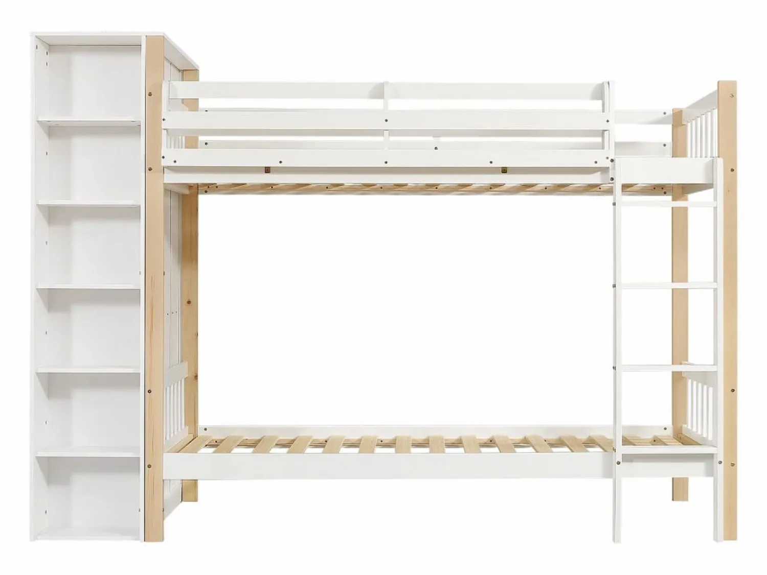 Cama Litera * Litera infantil, protección, barandilla, escalera 4 peldaños, 6 estantes, armario lateral, almacenaje, pino+PB, +natural, 90x200cm Blanco