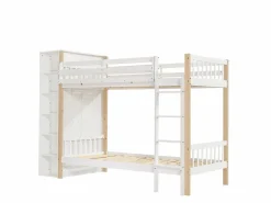 Cama Litera * Litera infantil, protección, barandilla, escalera 4 peldaños, 6 estantes, armario lateral, almacenaje, pino+PB, +natural, 90x200cm Blanco