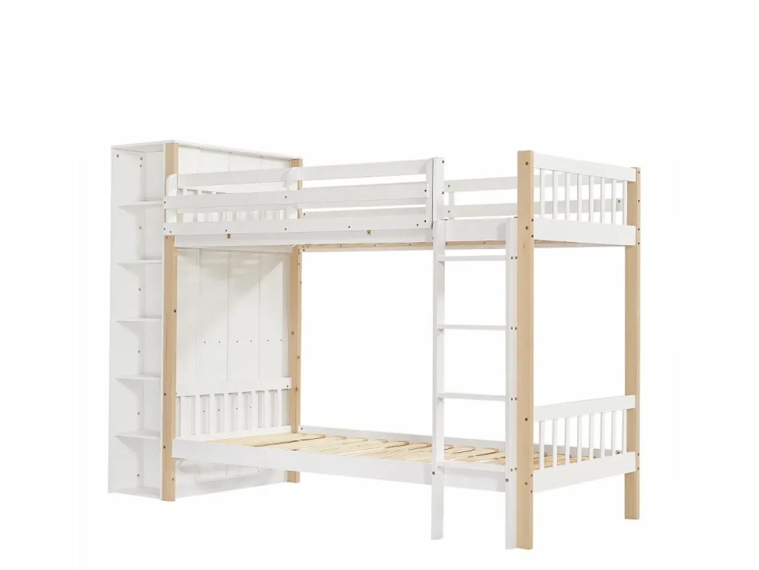 Cama Litera * Litera infantil, protección, barandilla, escalera 4 peldaños, 6 estantes, armario lateral, almacenaje, pino+PB, +natural, 90x200cm Blanco