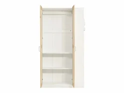 Cama Litera * Litera infantil, protección, barandilla, escalera 4 peldaños, 6 estantes, armario lateral, almacenaje, pino+PB, +natural, 90x200cm Blanco