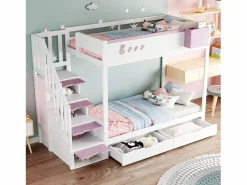 Cama Litera * Litera 90x200cm cama infantil moderna con gran almacenaje madera habitación infantil y rosa (Sin colchón) Blanco