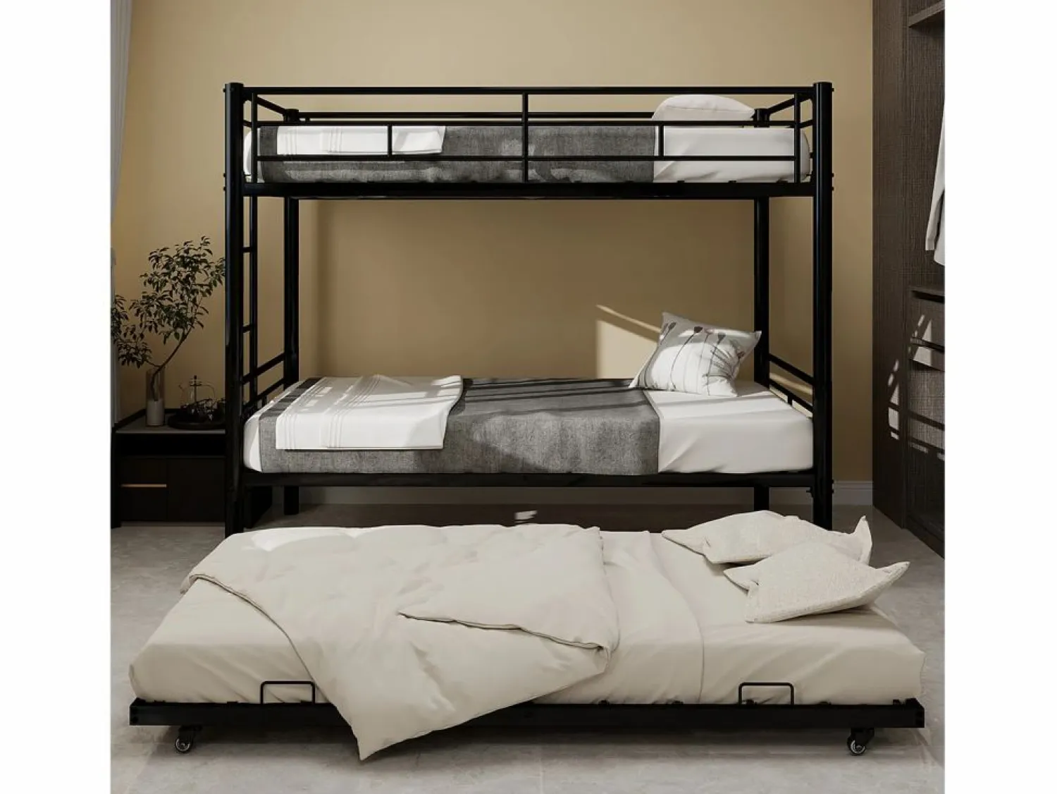 Cama Litera * Litera 2 x 90 x 190 cm - Cama infantil con escalera y barandillas - con cama nido de 90 x 190 cm - metal - sin colchón Negro