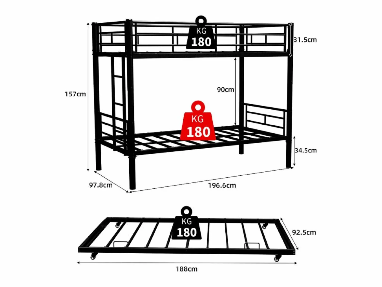 Cama Litera * Litera 2 x 90 x 190 cm - Cama infantil con escalera y barandillas - con cama nido de 90 x 190 cm - metal - sin colchón Negro