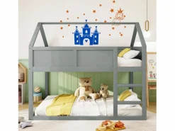 Cama Litera * Lit superposé 90x200cm, lit cabane enfant avec escalier et 1x sommier à lattes en haut, cadre en bois massif, bois Gris