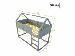 Cama Litera * Lit superposé 90x200cm, lit cabane enfant avec escalier et 1x sommier à lattes en haut, cadre en bois massif, bois Gris