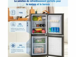 DripeX Electrodomésticos De Frío * 106L Silver+Negro Negra, con partición de vidrio y pies ajustables, 7 temperatura, -25 ~ 10 ℃, clase de eficiencia energética Plateado