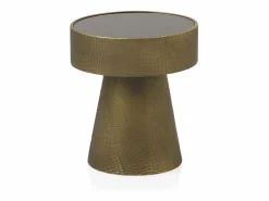 Mesa auxiliar de metal doraro y cristal negro < New