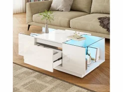 Mesa de centro blanca - Mesa de centro con iluminación LED y 2 cajones - tapa de cristal < New