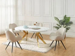 Vente-unique Mesa Extensible|Mesa De Comedor | Mesa extensible para 4 a 8 personas de MDF y acero - Efecto mármol blanco y Dorado - KOMONI