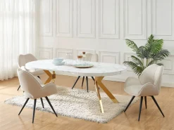 Vente-unique Mesa Extensible|Mesa De Comedor | Mesa extensible para 4 a 8 personas de MDF y acero - Efecto mármol blanco y Dorado - KOMONI