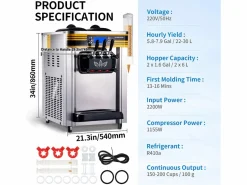 Máquina de Helado Blando SucceBuy, 22-30 L/H, 2200 W, Máquina de Helado Italiano Comercial Tolva 2x6 L < Sale