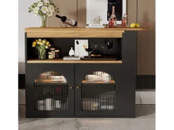 Hauss Spole Mueble Bar * Mueble bar giratorio con iluminación LED y 2 puertas de cristal - y natural claro Negro