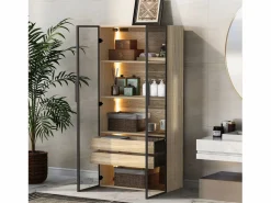 Merax Mueble De Pared Para Baño | Mueble de baño con LEDs - 74 x 36 x 155 cm - 2 cajones grandes y 2 puertas de cristal - Madera MDF - natural