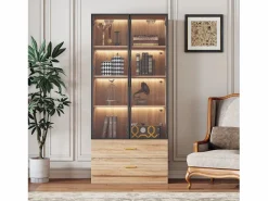 Hauss Spole Mueble De Pared Para Baño * Mueble de baño con 2 puertas de cristal y 2 cajones, LED incluido, cuerpo natural claro - 75x34,5x170cm Color natural claro